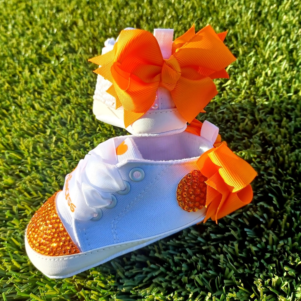 Orange Princess Embellished Baby Shoes with bow: OTHER COLORS AVAIL. BY REQUEST - Picture 6 of 6